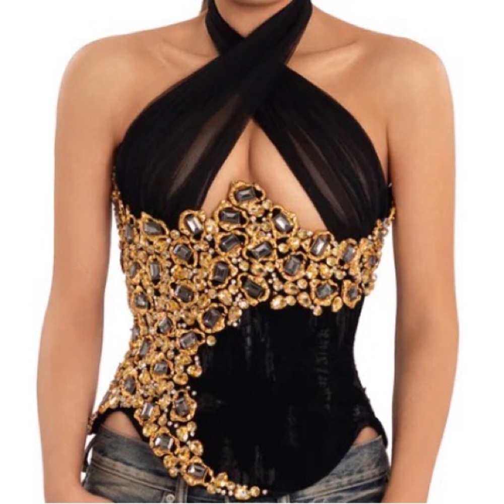 Elegant Black and Gold Embellished Women's Blouse - Picture 2 of 2